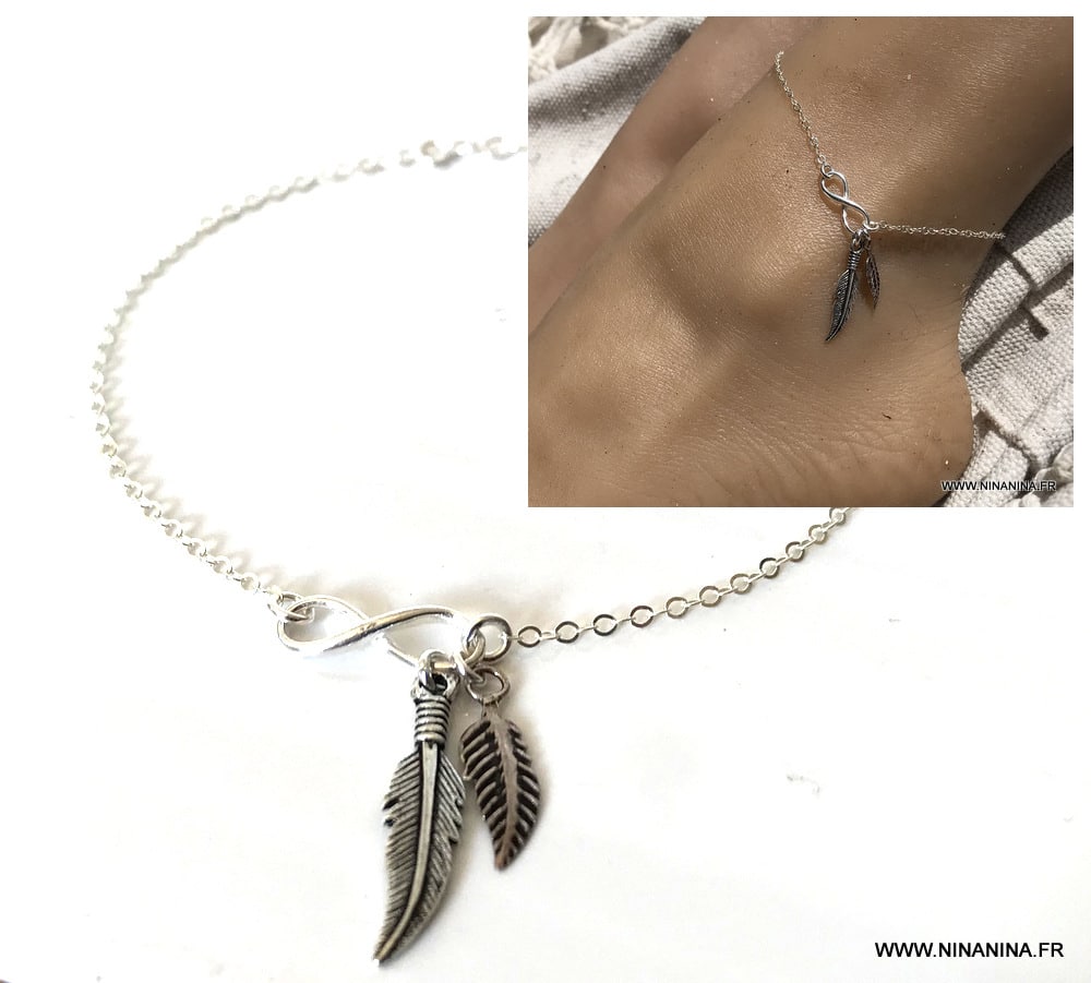 Chaine cheville plume et infini argent 925 – Image 9