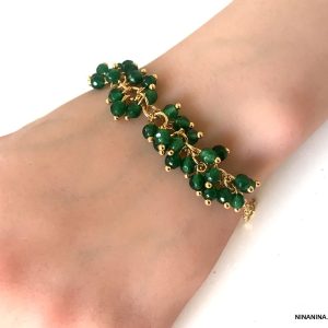 Bracelet perles vertes femme et chaine laiton doré
