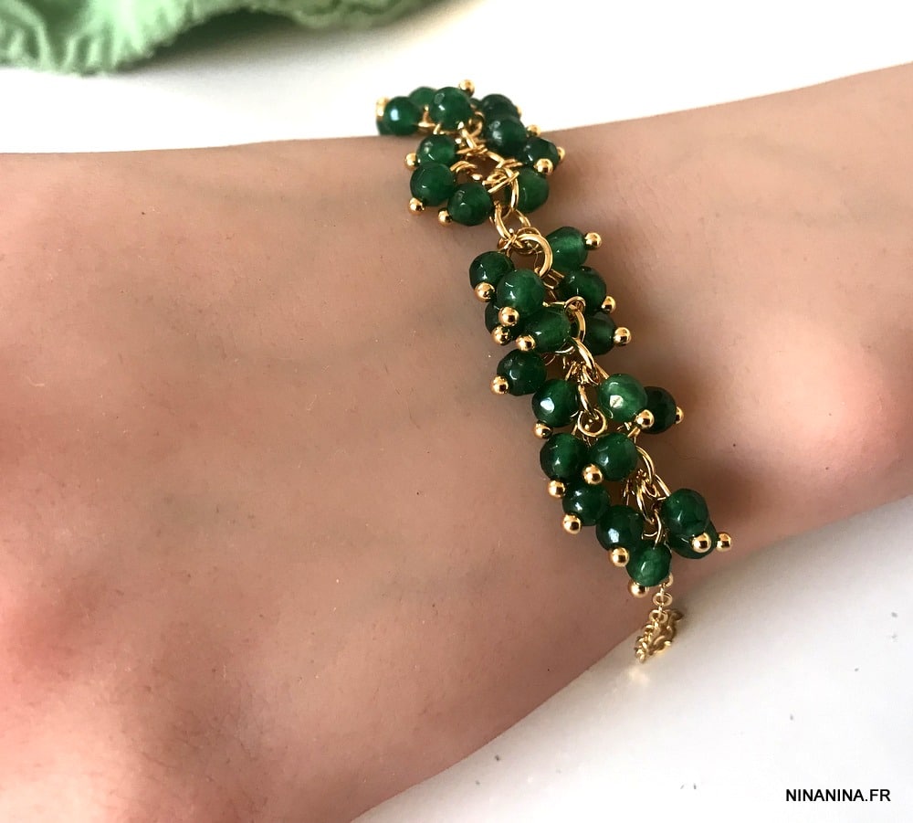 Bracelet perles vertes femme et chaine laiton doré – Image 6