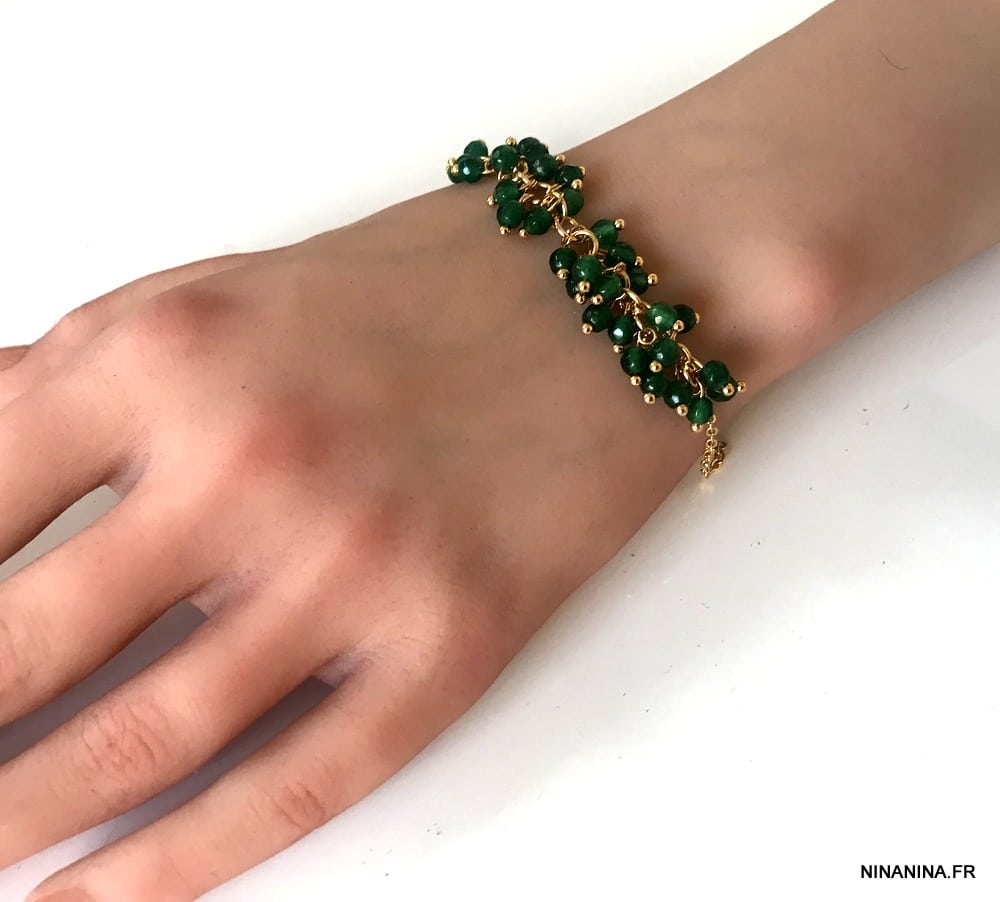 Bracelet perles vertes femme et chaine laiton doré – Image 8