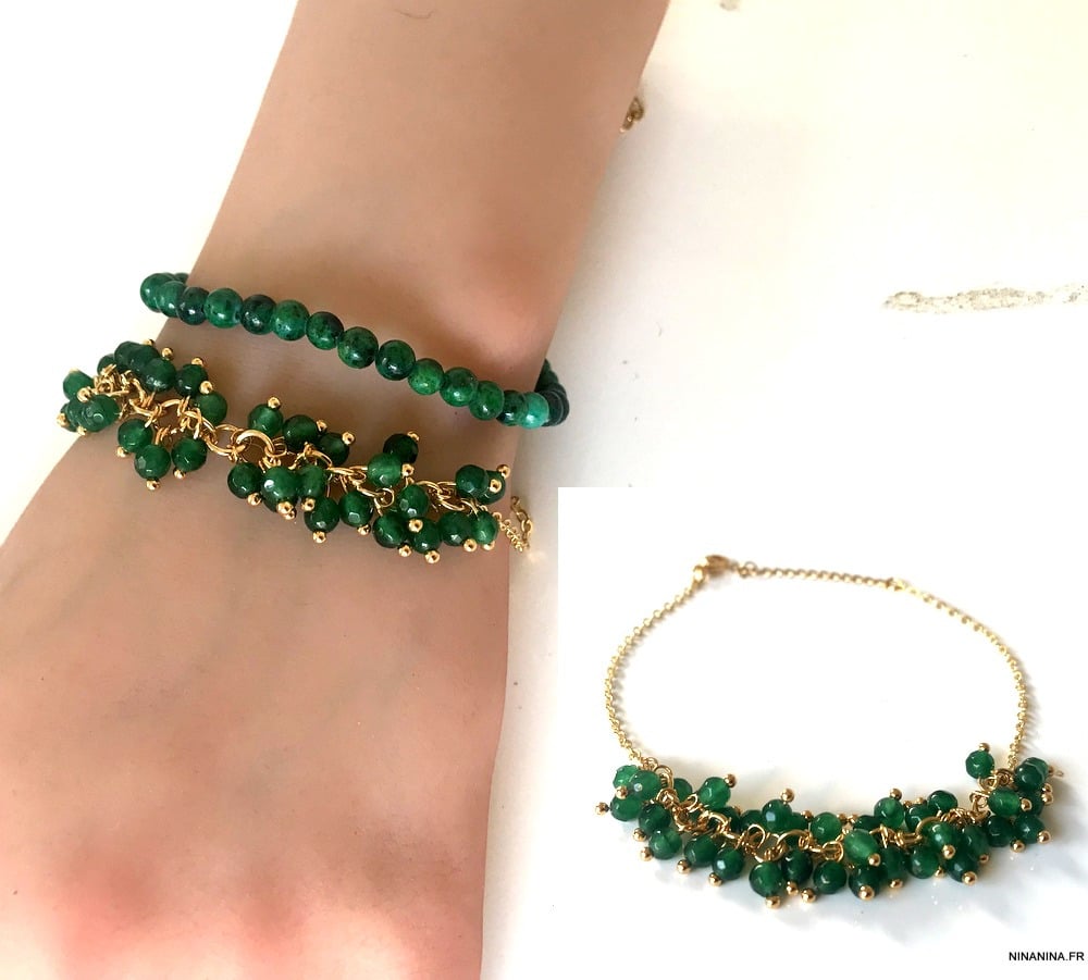 Bracelet perles vertes femme et chaine laiton doré – Image 3