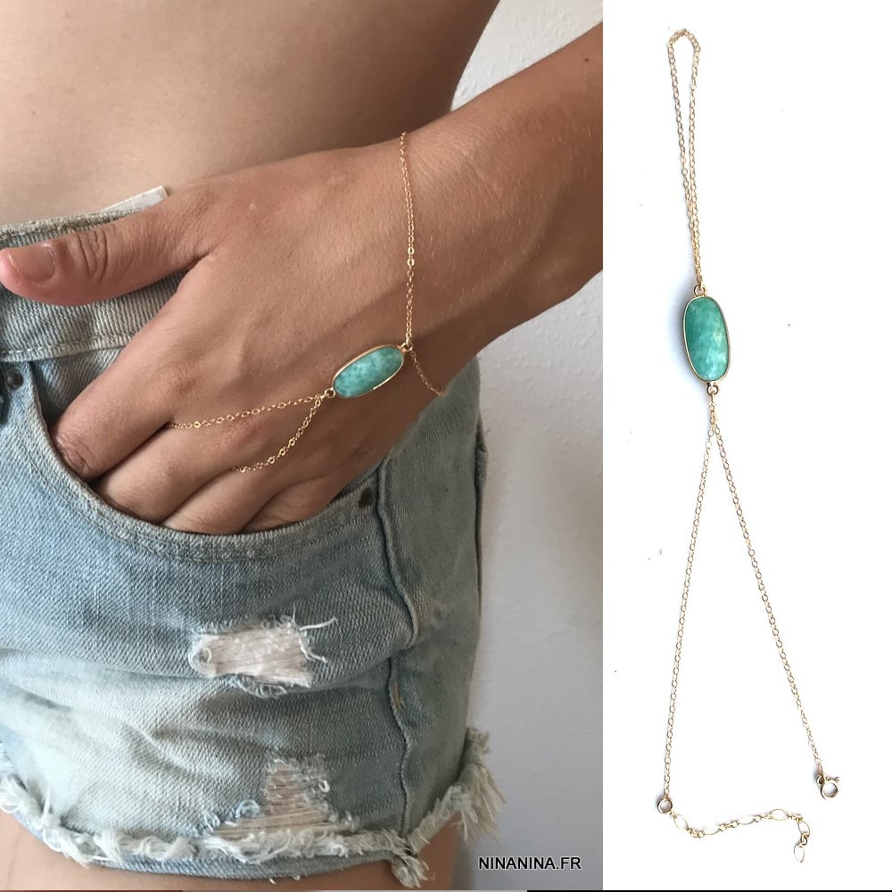 Chaine De Mains dorée Amazonite bleu Plaqué Or – Image 4