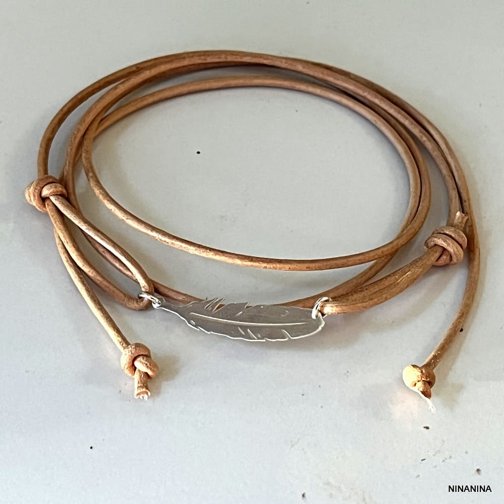 Bracelet Plume Argent Horizontale Cordon Cuir 3 tours Réglable – Image 5