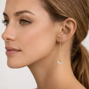 Boucles d&rsquo;Oreilles Chaines Diamants Blancs Véritables – Bijou précieux Plaqué Or Fait main en France